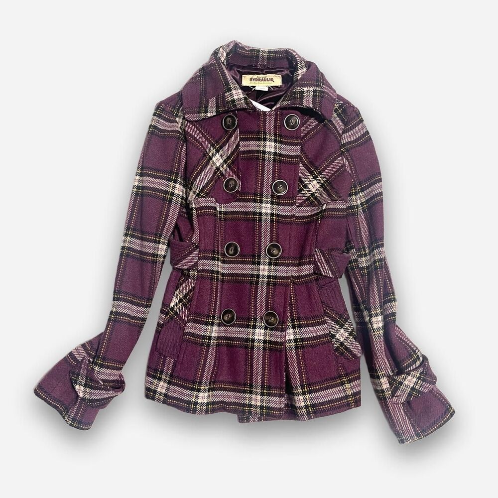Y2K Hydraulic Purple plaid peacoat jacket size L - Picture 2 of 5